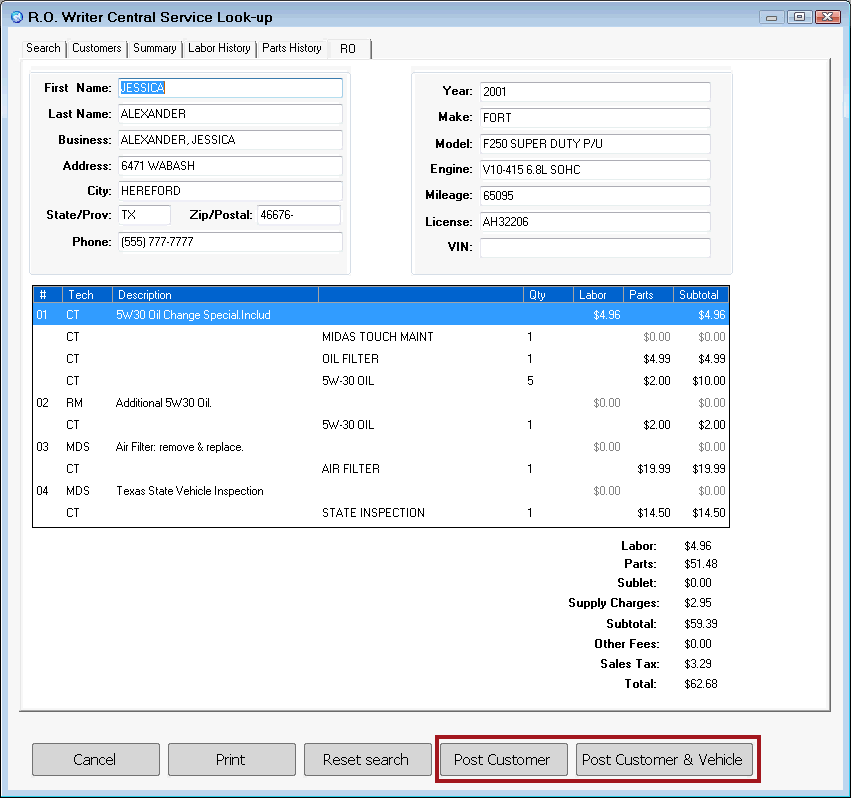 the Post Customer and Post Customer and Vehicle buttons circled on the RO tab.