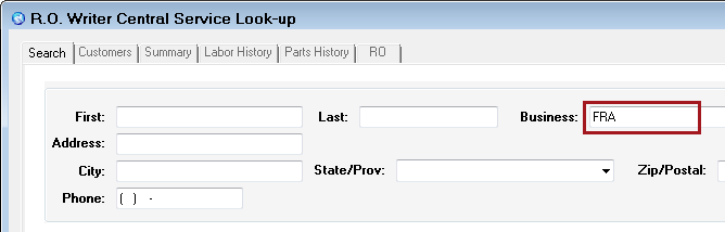 the Search tab with the original search criteria in the Business field.