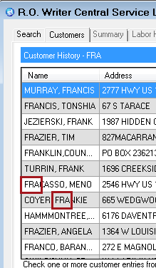 The Customer tab showing search results with the business name in the first and last name.