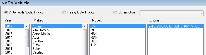 The NAPA Vehicle selection window.
