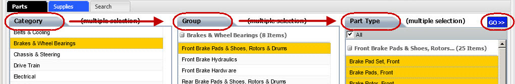 the Category, Group, and Part Types selected on the alliance catalog window.