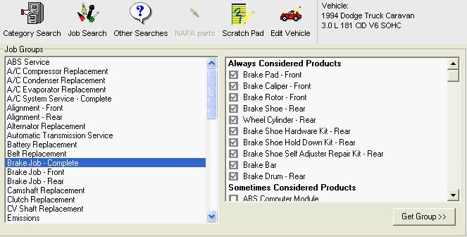 The job groups and associated parts.