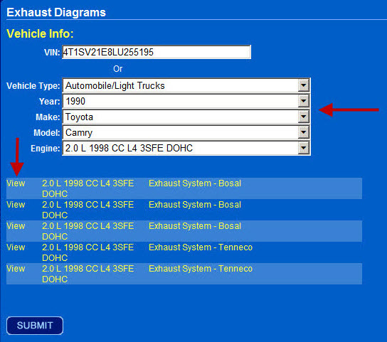 The vehicle information in the fields with a list of diagrams below the fields.