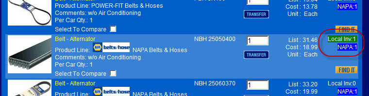 a part search result with the local inventory quantity in green.