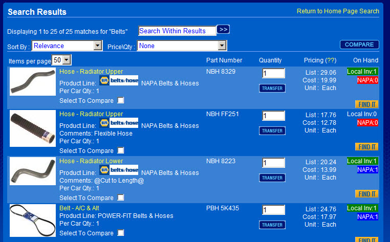 The part search results.