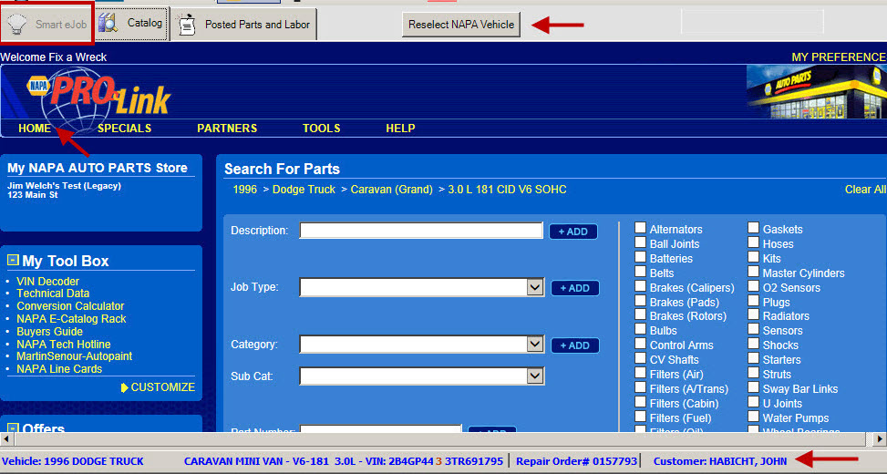 The NAPA PROLink catalog open inside the Smart eCat window.