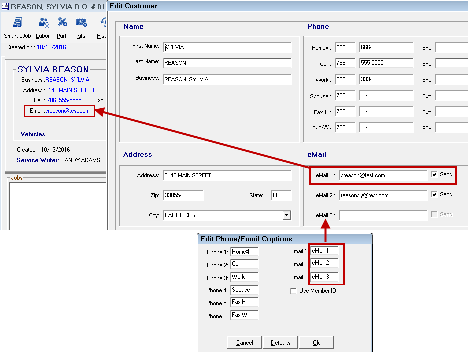 The email captions window pointing to the edit customer window pointing to the email entry in the customer area of the Parts/Labor tab.