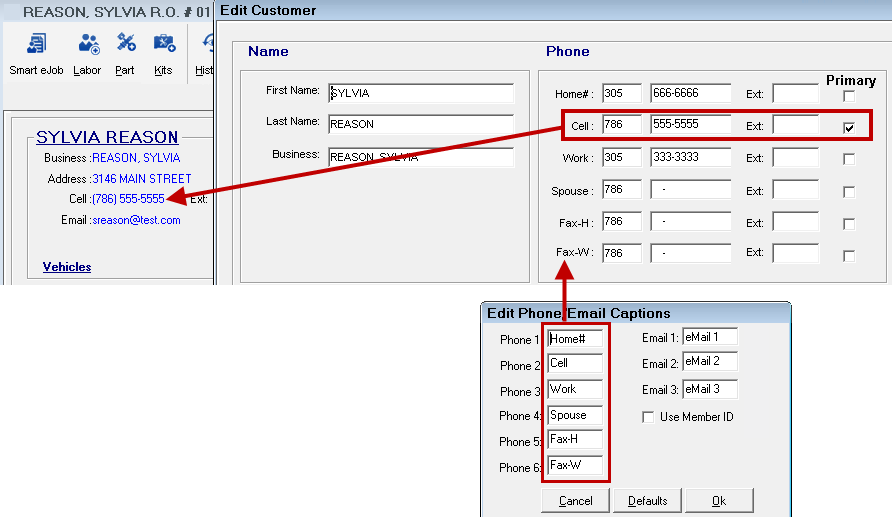 The phone captions window pointing to the edit customer window pointing to the phone entry in the customer area of the Parts/Labor tab.