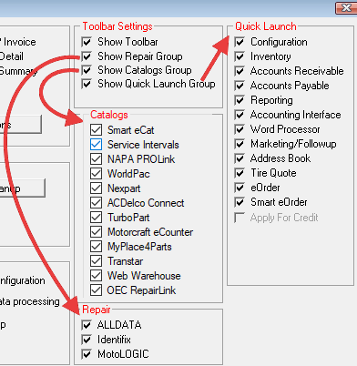 The General Options window with arrows from the options in the toolbar settings section to the matching sections on the rest of the window. 