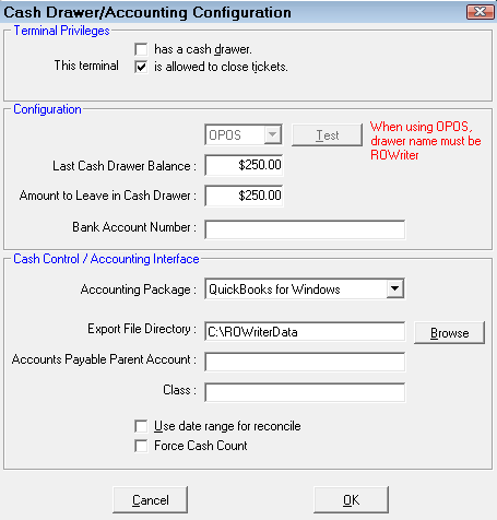 The Cash Drawer/Accounting Configuration window.