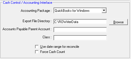 The Cash COntrol Accounting Interface Settings.