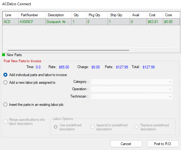 The posting screen for ACDelco.