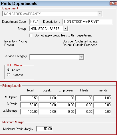 The Parts Department window with the Price Levels and Minimum Margin sections circled.
