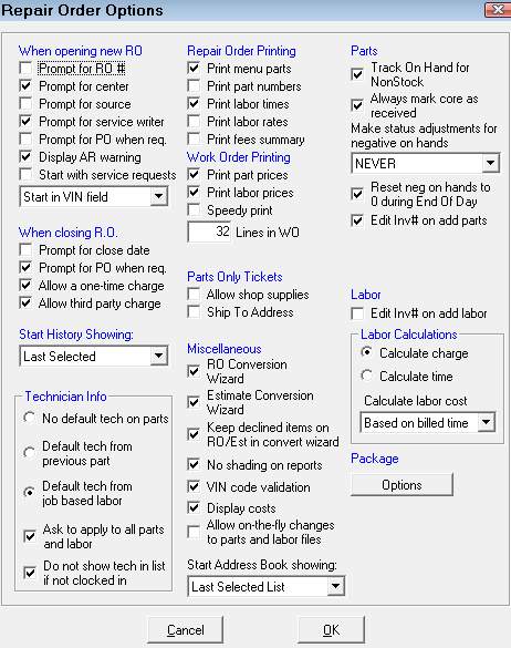 The Repair Order Options window.