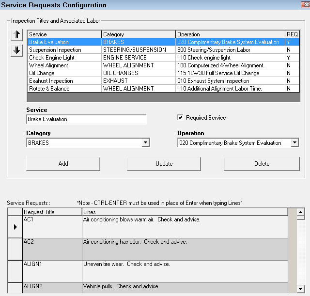 The service request options window.