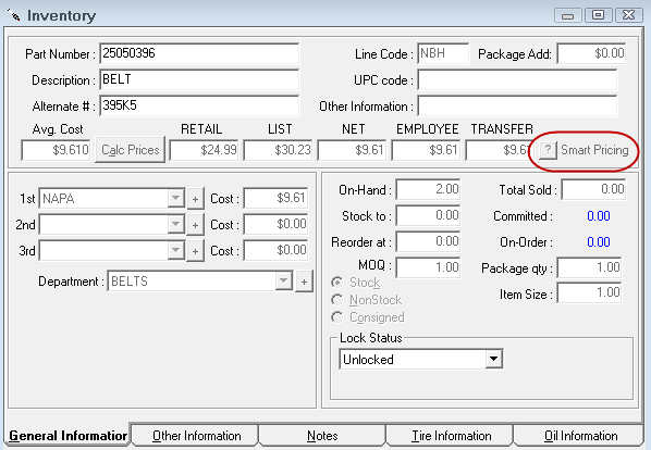 The Smart Pricing options disabled on the General Information tab of the inventory record.