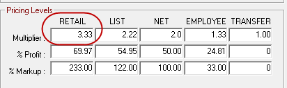 The Parts Deparments window with the multiplier value for retail circled.
