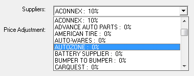 The Suppliers dropdown list showing the adjustment percentage set for each supplier.