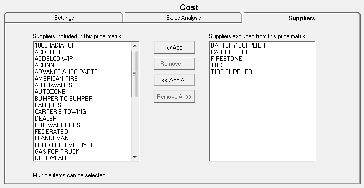 The Suppliers tab for Smart Matrix by Supplier.
