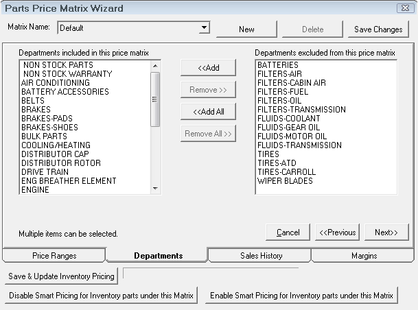 The Departments tab for Matrix by department.