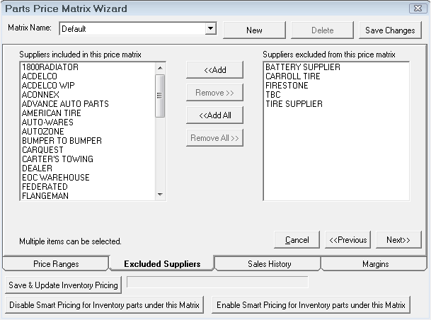 The Excluded Suppliers tab for Matrix Pricing by Supplier.
