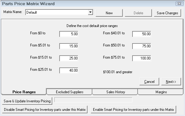 The Price Ranges tab for Matrix Pricing by Supplier.