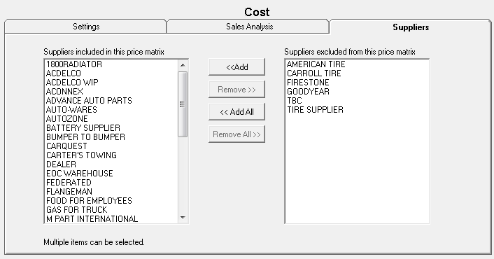 The Suppliers tab for Smart Matrix Pricing by Supplier