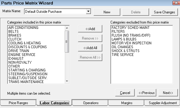 The labor categories tab for Matrix Pricing by Associated Labor.