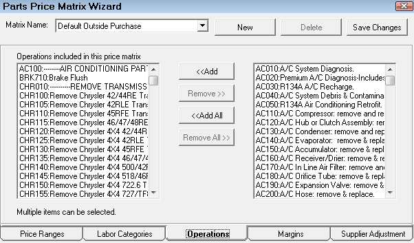 The operations tab for Matrix Pricing by Associated Labor.