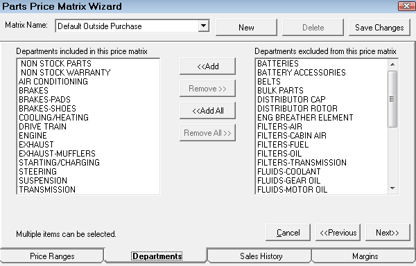 The Departments tab for Matrix Pricing by Department