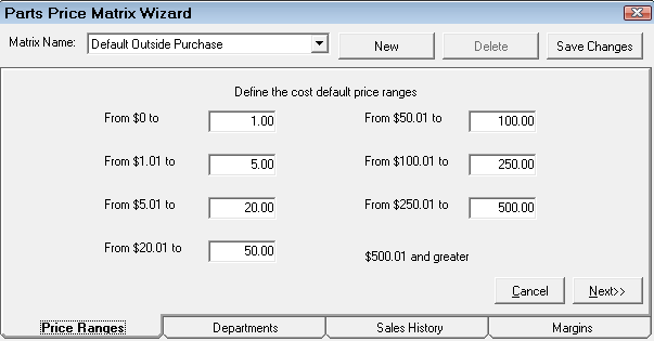The Price Ranges tab for Matrix Pricing by Department.