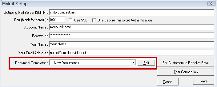 The Email Setup window with the Document Templates field circled.