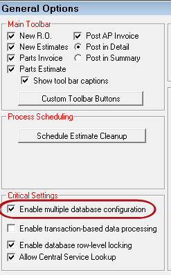 the Enable multiple database configuration box checked on the General Options window.