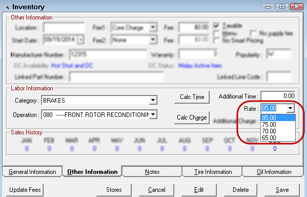 The Rate dropdown list on the Other Information tab in Inventory.