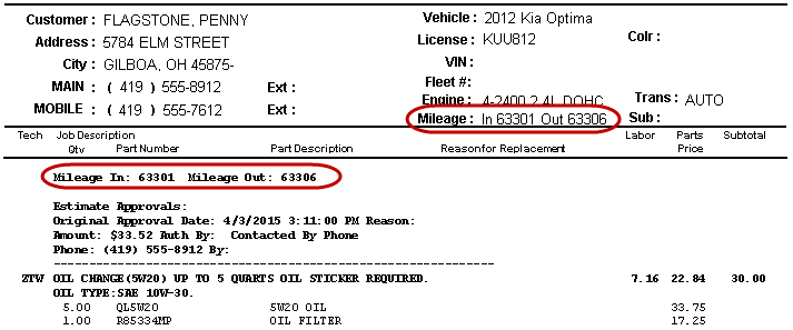 The mileage in and mileage out values on a printed ticket.