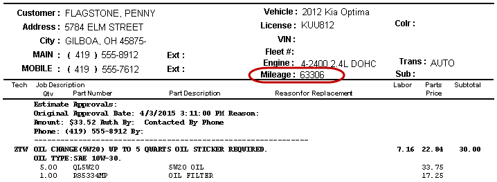 Only the mileage out value on a printed ticket.