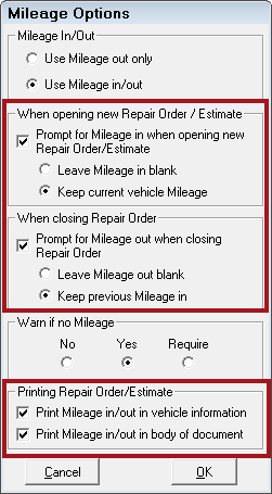 The mileage options window with the repair order/estimate options active and circled.