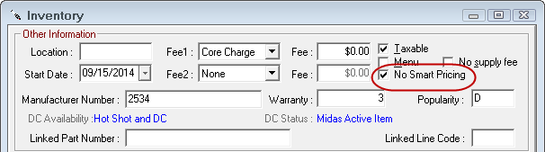 The No Smart Pricing option checked on an inventory record.