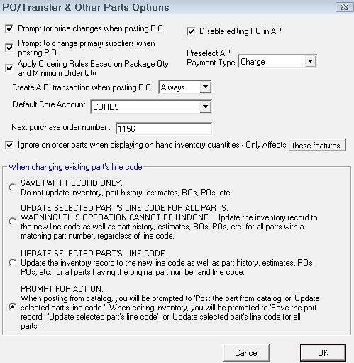 The PO Transfer and Other Parts Options window.