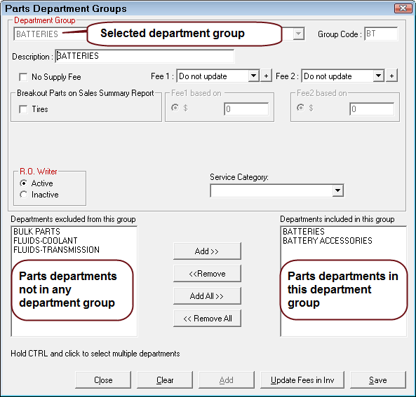 The Department Groups window with a department selected and the columns showing which departments are included in the group.