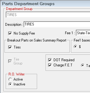 The Active and Inactive options for the tire group on the Department Groups window.