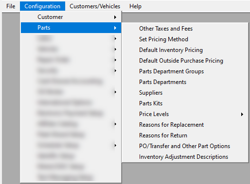 The Parts sub menu in Configuration expanded.