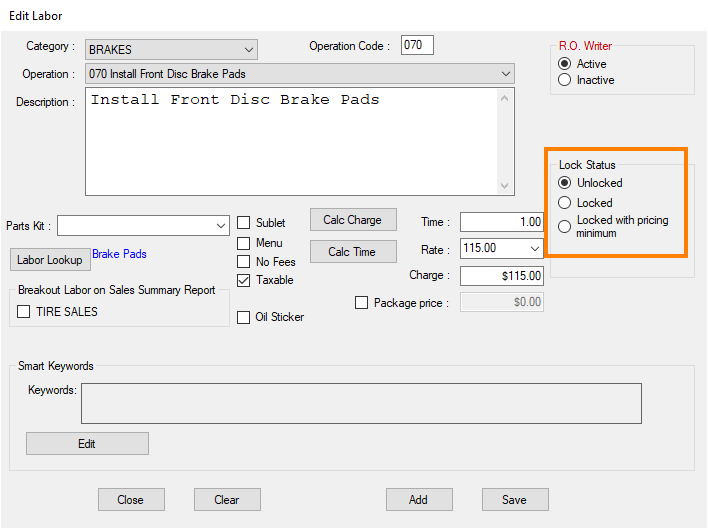 The lock status section circled on the edit labor window.