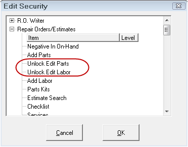 The unlock options for parts and labor on the edit security window.
