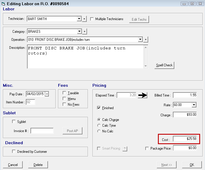 The Cost of $25.58 circled on the Editing labor window.