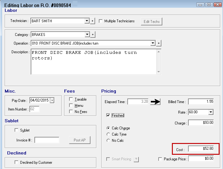 The Cost of $52.80 circled on the Editing labor window.