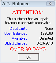 The AR Balance window showing a warning.