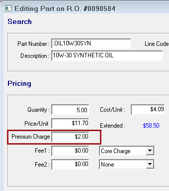 The Premium Charge field circled on the Editing Part window.