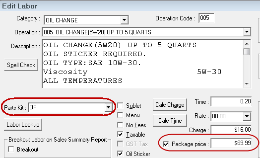 The Edit Labor window with the Package Price and Parts Kits fields circled.