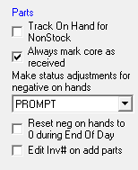 The parts section of the repair order options window. 